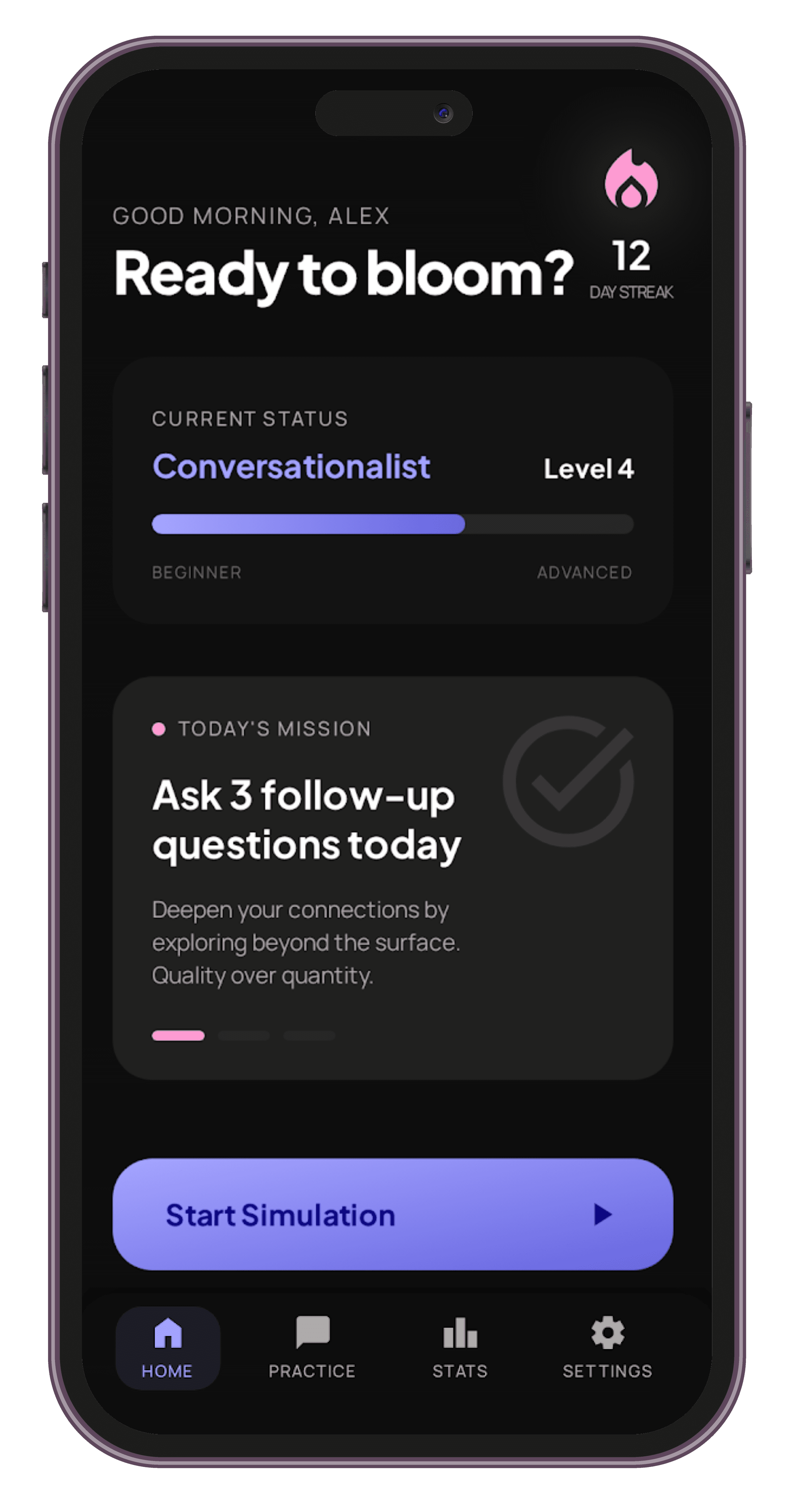 NotShy home with daily mission, streak, and start simulation