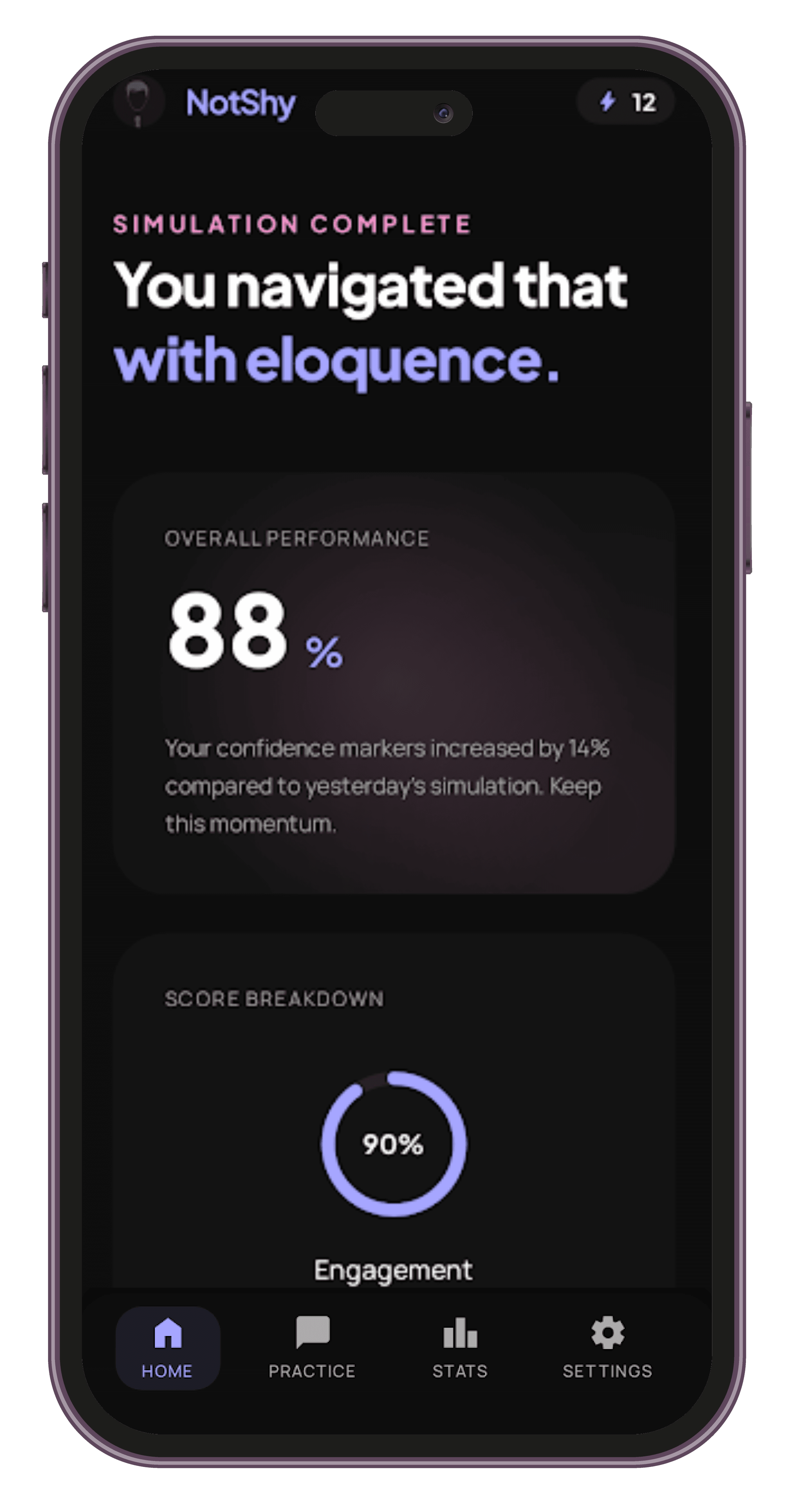 NotShy simulation complete screen with overall performance score